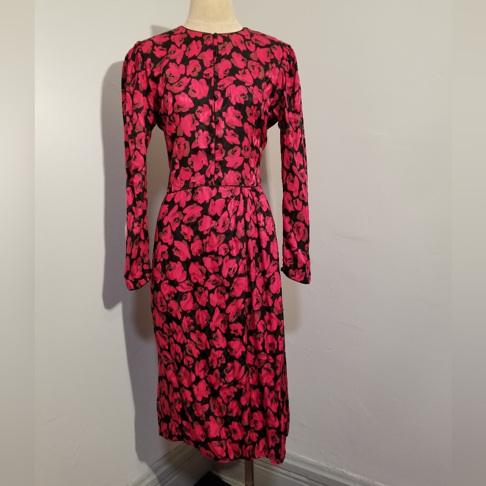 MAGGY LONDON BY JEANNENE BOOHER VINTAGE SILK RED BLACK FLORAL FAUX WRAP DRESS 12
